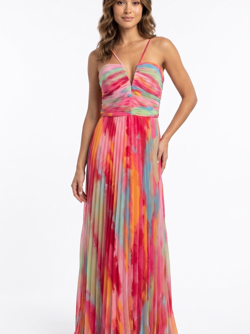 Xscape Multicolor Pleated Spaghetti-Strap Maxi Dress